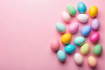Top view of colorful eggs on pastel pink background with empty space.