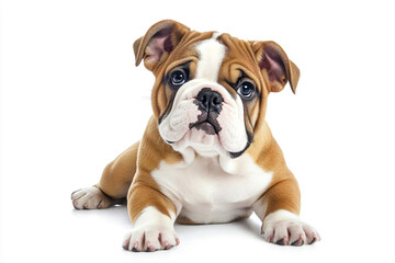 a brown and white dog laying down on a white surface