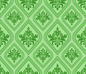 Damask seamless green floral background pattern, vector illustration elegant for textile design, wall paper, bedding, curtains, cushion cover, scarf, rug, upholstery fabric, vintage design, luxury 