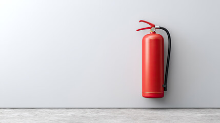 Red fire extinguisher on white wall background
