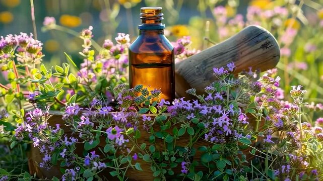 cumin essential oil and mortar. Selective focus