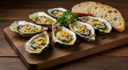 A vibrant plate of grilled oysters topped with garlic butter and fresh parsley, served on a rustic wooden board with crusty bread.