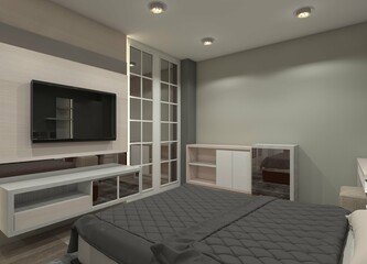 3D Interior Rendering of Minimalist TV Cabinet and Drawer Storage for Bedroom Design
