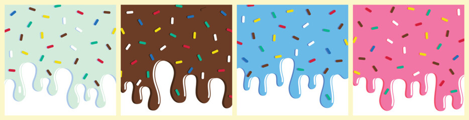 set of dripping delicious pink, blue and chocolate doughnut vector seamless glaze. Sweet dessert background illustration