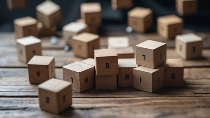 Wooden Number Blocks Scattered On Rustic Wood Table Top With Soft Focus