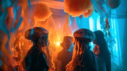 Intriguing Jellyfish Display: Enigmatic figures with unique jellyfish-like attire navigate an imaginative underwater-themed scene. The use of warm colors and soft lighting casts an atmospheric glow.