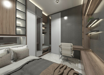 3D Interior Rendering of Kid's Bedroom Design with Full Storage Cabinet