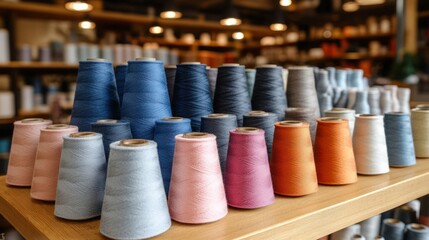Colorful spools of thread on wooden shelf in a shop