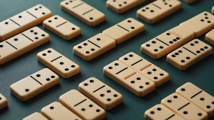 Close Up Of Ivory Dominoes On A Dark Green Surface Game Concept
