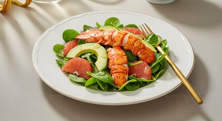 A luxurious lobster salad with mixed greens, grapefruit segments, avocado and citrus vinaigrette, served on a white ceramic plate with a gold fork.
