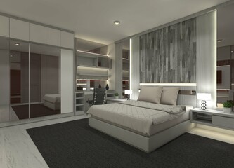 3D Interior Rendering of Modern Master Bedroom Design with Headboard Panel, Table Desk and Clothes Wardrobe