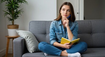 Obraz premium Woman sitting cross legged on a couch holding a notebook and pen while thinking deeply at home