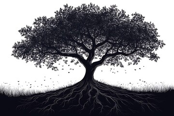 Majestic Oak Roots with Branches, and Falling Leaves Silhouette.