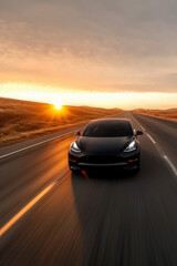 Electric Vehicle Driving Highway Sunrise Future Mobility Growth EV Market Concept