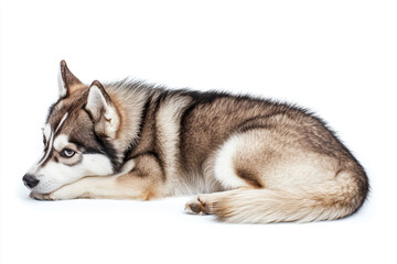 Fototapeta premium a dog laying down on a white surface