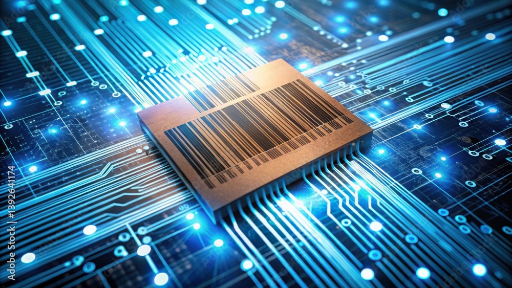 Poster high-tech barcode with digital circuit flowing and bright lights