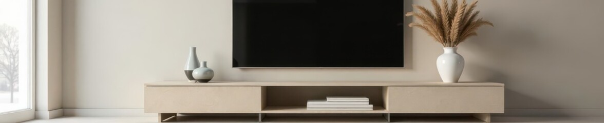 Sleek low profile TV stand; pampas grass vase centerpiece, decor, white, wood