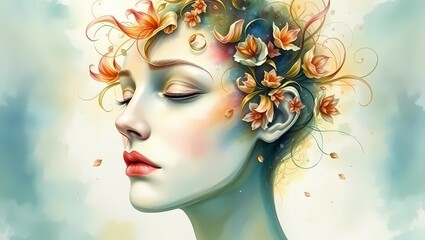 Watercolor painting of a woman with flowers in her hair in profile view art