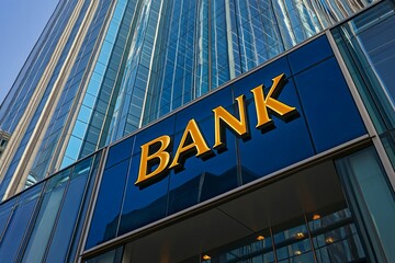 Fototapeta premium Gold bank sign on a modern glass skyscraper reflecting the blue sky