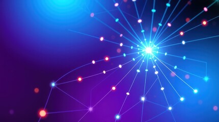 Abstract digital network.  Interconnected nodes radiate outward, highlighted by vibrant lines and points, creating a dynamic, futuristic visual of data flow or network connections. 