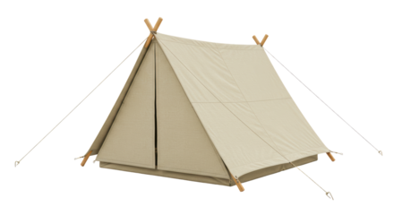 Isolated Beige Canvas Tent with Wooden Supports