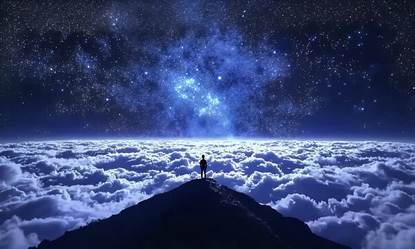 Silhouetted figure stands atop a mountain above a glowing cloudscape, gazing into a majestic, star-filled galactic night sky.