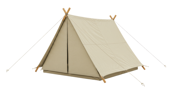 Isolated Beige Canvas Tent with Wooden Supports