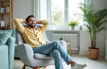 Smiling man in casual wear relaxes in armchair at home. Young guy with beard enjoys weekend, rests hands behind head. Calm male in yellow shirt, blue jeans indoors.