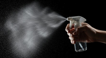 Person spraying liquid from a clear plastic bottle against a black background in a studio shot