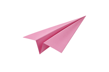 Pink paper airplane flying in the air on a transparent background, symbolizing freedom and travel, with a clean, simple design