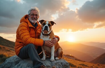 Joyful senior man with bulldog dog sitting on a rock at sunset. Happy elderly gentleman enjoy peaceful day on mountain peak. Smiling mature male in orange jacket and his pet dog relax outdoors.