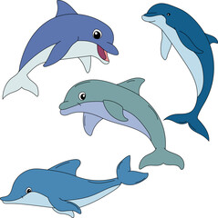 Obraz premium Dolphin Clipart Set: Hand-drawn Dolphin Illustrations: Doodle Cartoon Dolphins for Crafters, Designers, and DIY Lovers.