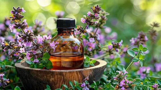 cumin essential oil and mortar. Selective focus