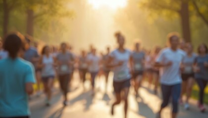 Blurred diverse people running in charity event. Marathon or race participants on world health day. Support community, raise awareness for healthy lifestyle in park, outdoors.