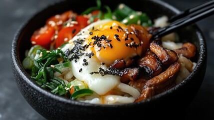 Vibrant bowl of noodles topped with a soft-boiled egg, savory pork, and colorful vegetables