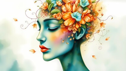 Woman with flowers in her hair, digital art profile view, closed eyes and petals