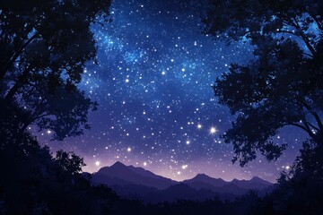 Majestic starry night sky framed by silhouettes of trees and mountains