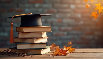Pile books academic cap autumn leaves minimal educational background. Represents success knowledge learning, school, study, graduation. Education concept, back to school, online courses.