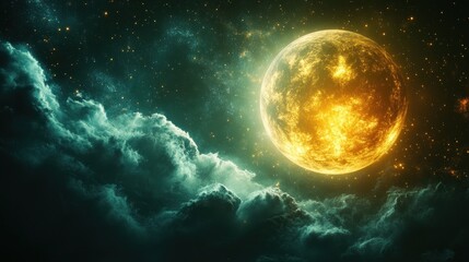 Fiery moon, stormy night sky