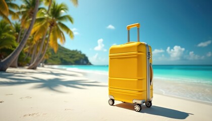 Yellow suitcase standing white tropical beach. Sea ocean, blue sky, palm trees background. Travel luggage ready for summer vacation. Trip, journey, tour, holiday, adventure. Tourism concept,