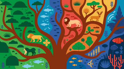 Obraz premium Biodiversity Tree Illustration: Animals, Plants, and Aquatic Life