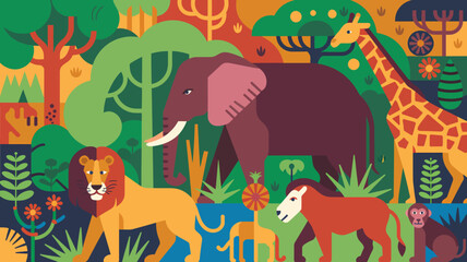 Obraz premium Colorful African Wildlife Illustration: Lion, Elephant, Giraffe, Monkey, and Gazelle