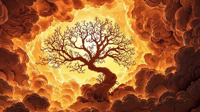 A tree struggling to survive in a toxic atmosphere, depicted with vibrant paper cut textures