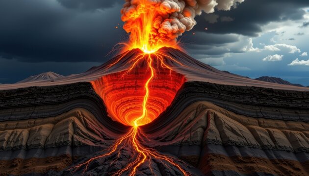 A cross sectional view of a volcano erupting, depicting the layers of molten rock and ash spewing from the crater.