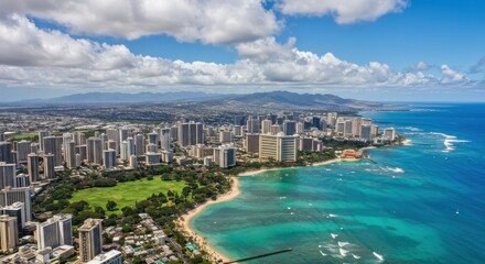 Aerial view of waikiki beach and honolulu skyline with blue sky and scattered clouds above the city