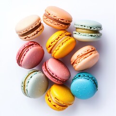 Obraz premium Photo of colorful macarons, top view, on a light background, flat lay.