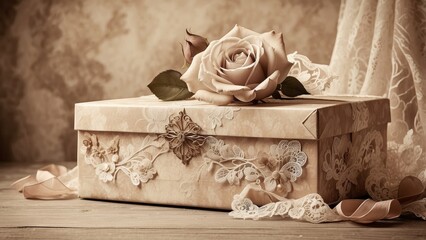 A pink gift box adorned with heart patterns sits open, revealing a large pink rose on top