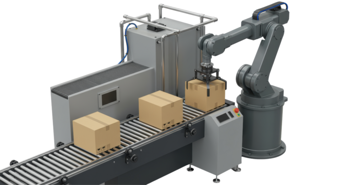 Isolated Robotic Arm Lifting Cardboard Boxes in Factory