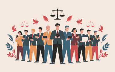 Group of Journalists Holding Cameras with Scales of Justice and Dove Icons