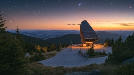 Photograph of a large satellite dish for space communication in the mountains at dusk